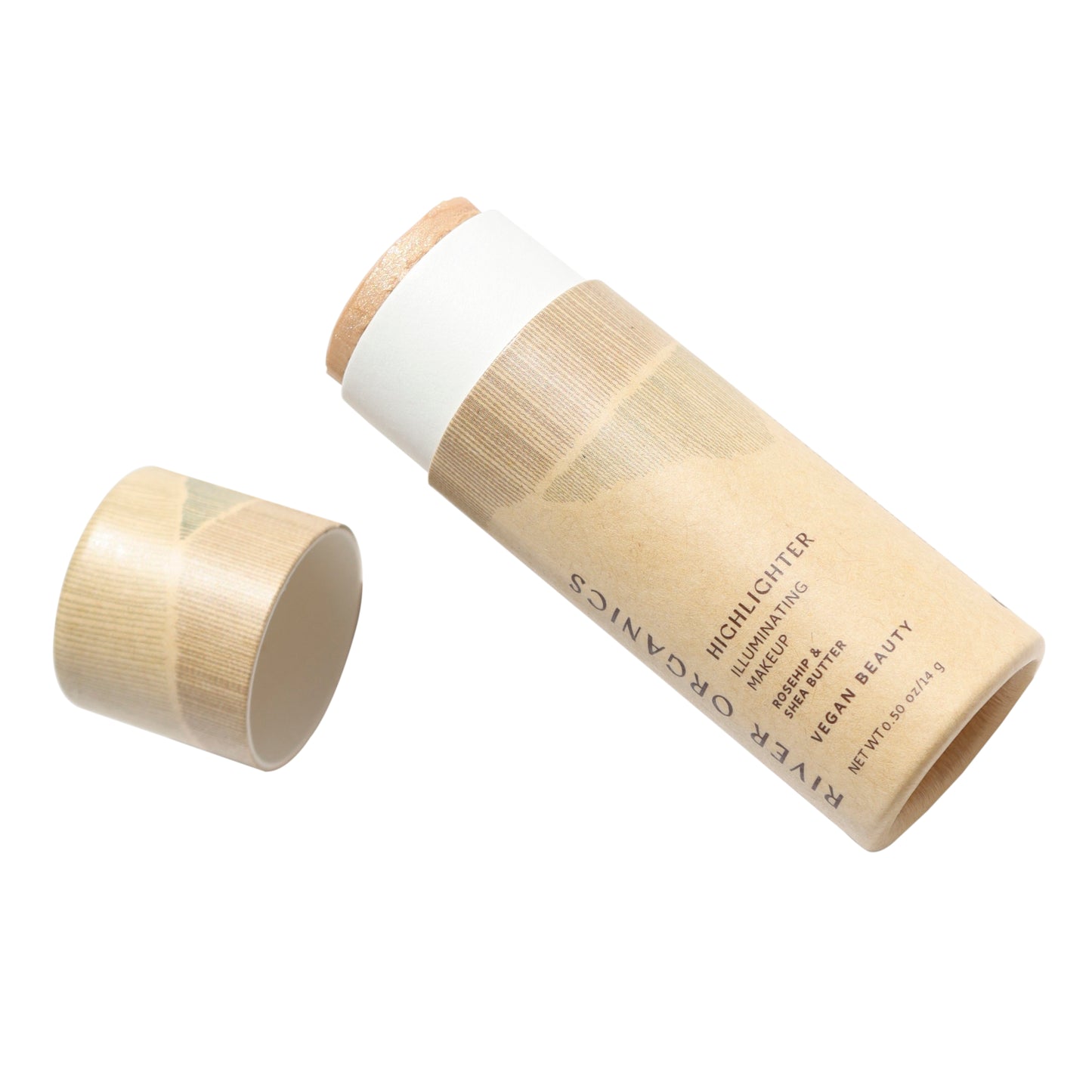 The River Organics' Illumi Vegan Highlighter Stick in Golden Hue features a cylindrical, eco-friendly design with the lid removed. Labeled "Vegan Highlighter," it highlights "Cruelty-Free" on its minimalistic, sustainable packaging with neutral colors, appealing to dewy makeup enthusiasts.