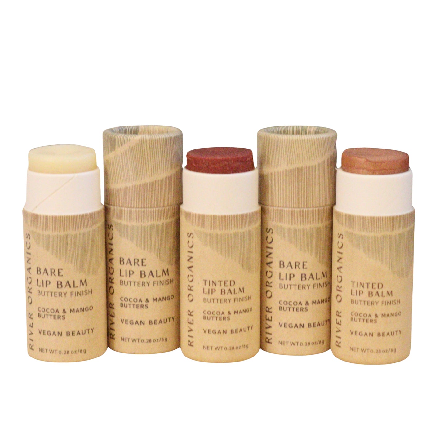 Two tubes of River Organics vegan lip balm or lip stain stand upright. Each has a beige, natural-colored design and highlights its organic, plant-based ingredients.