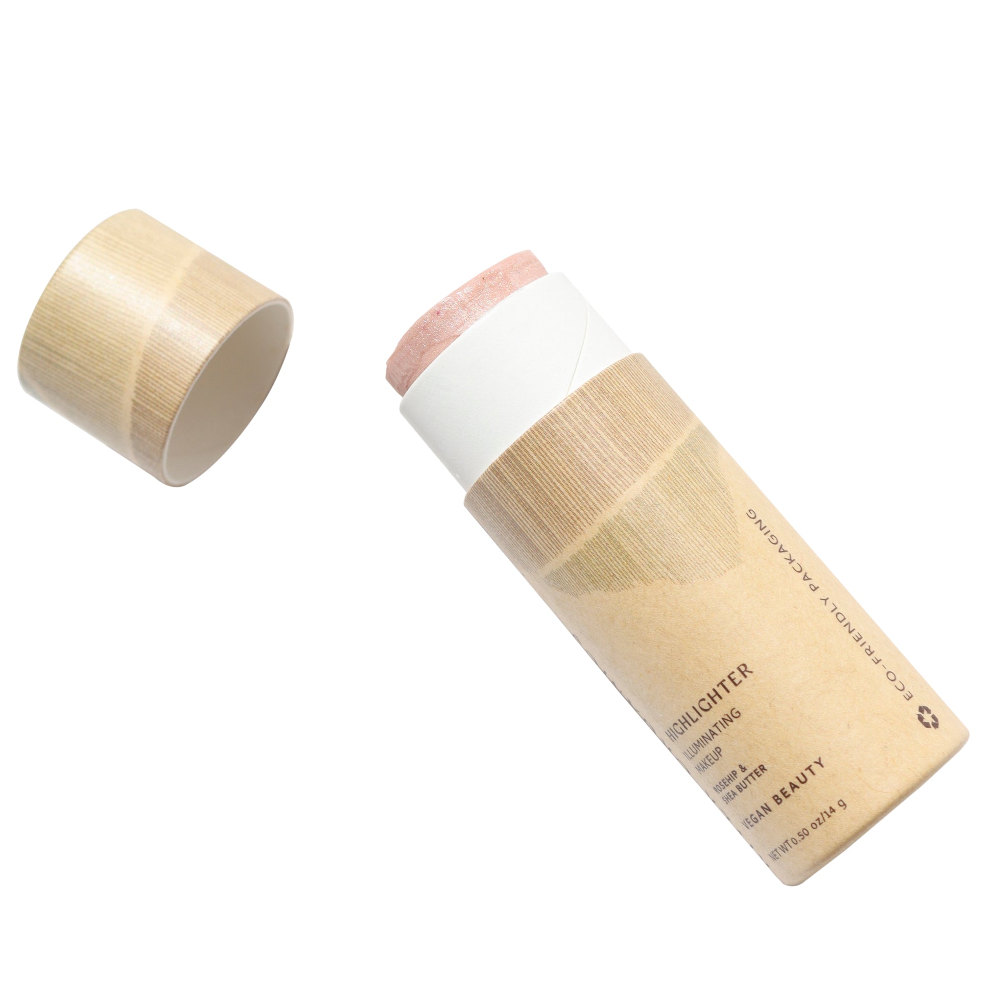 The River Organics Rose Quartz Vegan Highlighter Stick features a cylindrical shape and a wooden cap. It's designed for eco-friendly beauty routines, adding a pink hue for those seeking mindful highlighting makeup options.