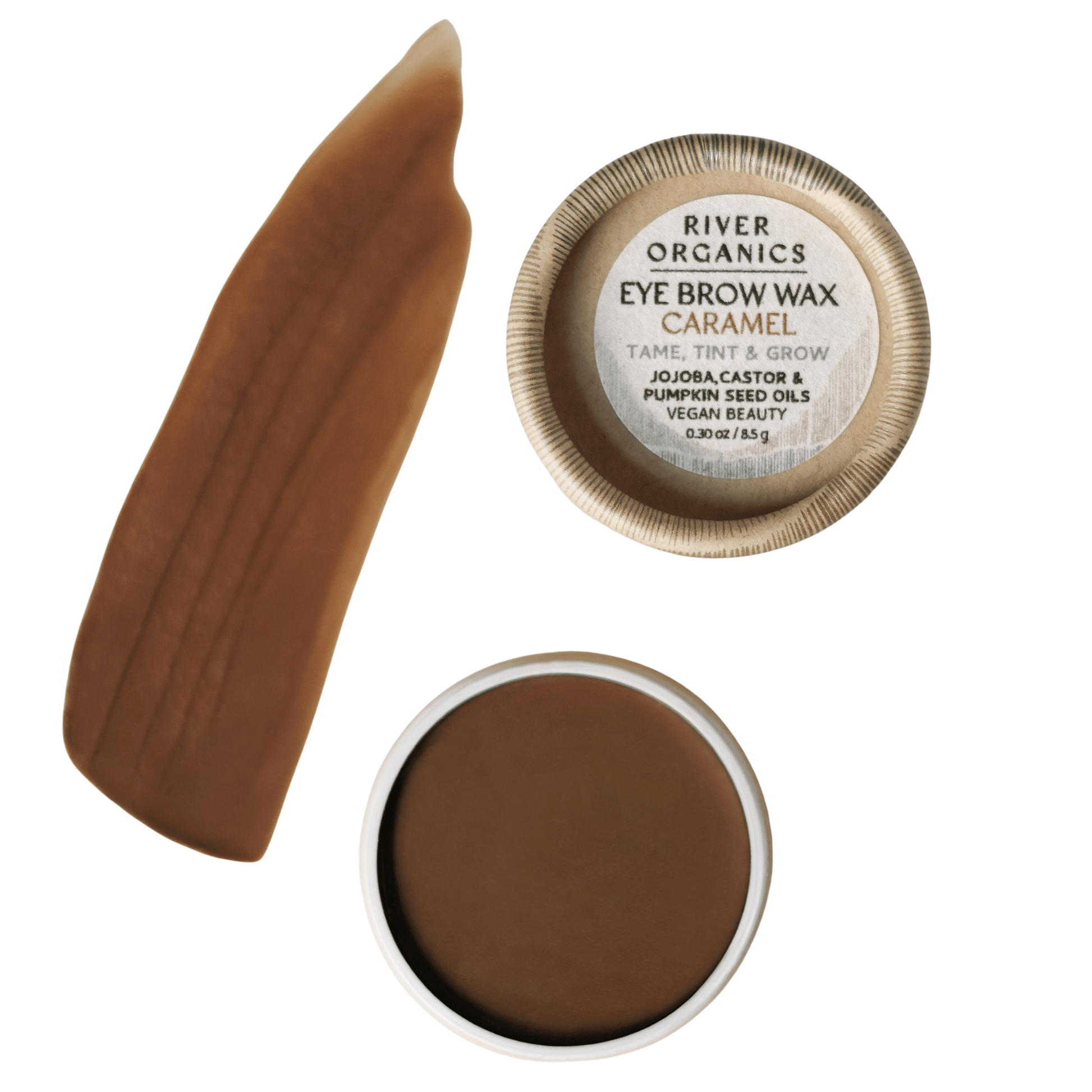 A small round tin of River Organics Brow Wax - Tame, Tint & Grow in caramel, shown with a swatch. This zero-waste vegan brow wax offers natural hold and color for perfectly groomed brows.