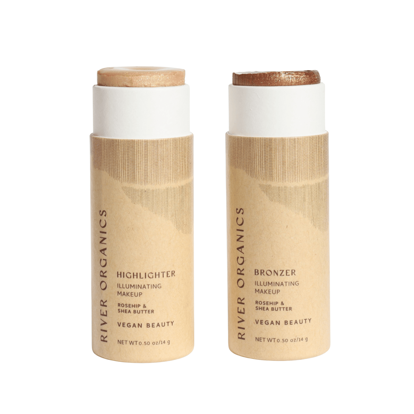 Two vegan, non-toxic River Organics cardboard tubes of Highlighter and Bronzer Set, featuring rosehip and shea butter, are displayed open to show long-wearing formulas.