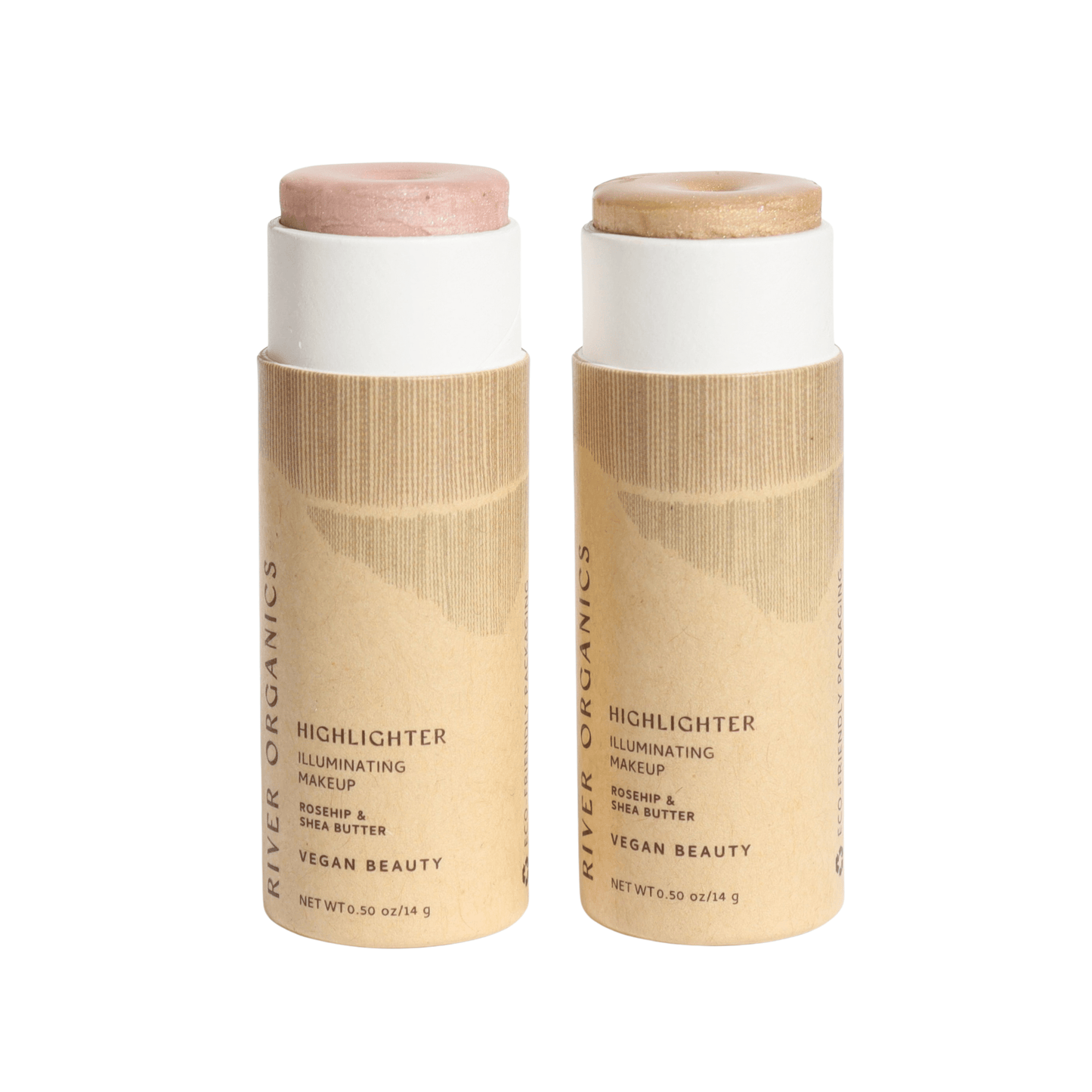 The "River Organics" Highlighter and Bronzer Set contains two vegan cylindrical highlighters in eco-friendly packaging—one rose, one gold. Made with non-toxic ingredients like rosehip and shea butter, they offer long-lasting, illuminating perfection.