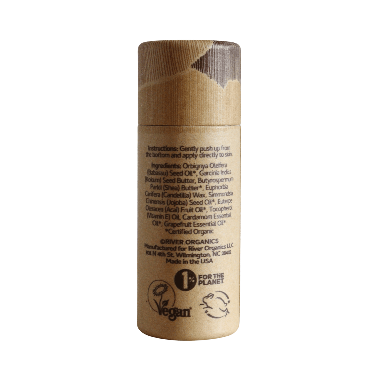 The Solin: Cardamom + Grapefruit - Botanical Scent Balm by River Organics comes in a cylindrical cardboard tube with brown patterns, organic ingredients list, instructions, and displays vegan, cruelty-free, and 1% for the Planet certification logos.