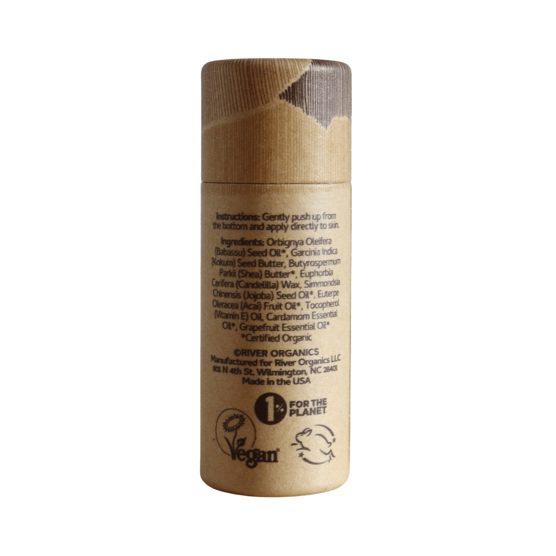 The Solin: Cardamom + Grapefruit - Botanical Scent Balm by River Organics comes in a cylindrical cardboard tube with brown patterns, organic ingredients list, instructions, and displays vegan, cruelty-free, and 1% for the Planet certification logos.