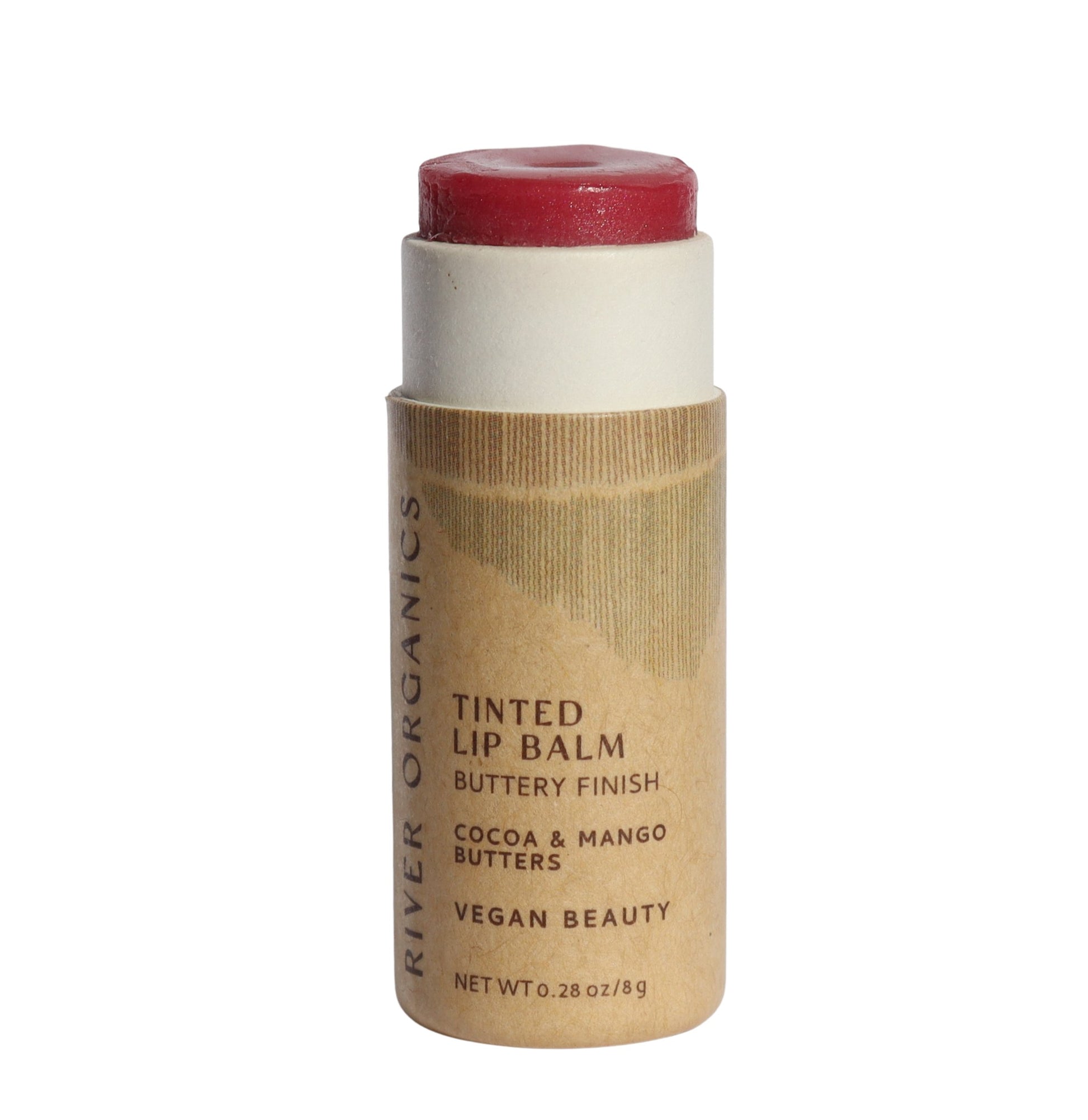 This eco-friendly, biodegradable tube holds a red-tinted balm with "RIVER ORGANICS IMPERFECT LIP BALMS + LIP STAINS BUTTERY FINISH COCOA & MANGO BUTTERS VEGAN BEAUTY NET WT 0.28 OZ/8g" on the brown paper label. Part of our full-size products line, it embodies sustainable beauty.