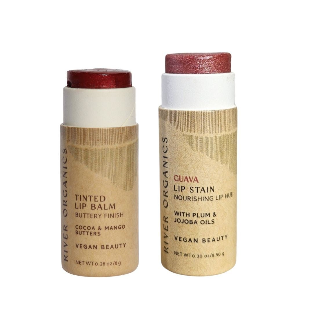 Two open River Organics Set of 2 Lip Balms or Lip Stains, in brown paper tubes labeled "Vegan Beauty," sit on a white background.