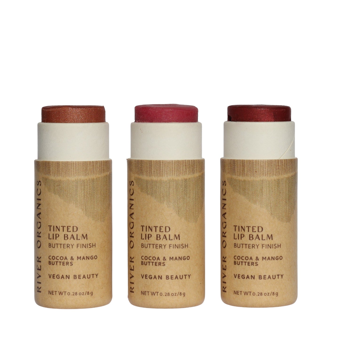 River Organics' Tinted Lip Balm Gift Set includes three vegan lip colors in light brown, pink, and deep red. With a buttery finish from cocoa and mango butters, each balm comes in eco-friendly packaging.