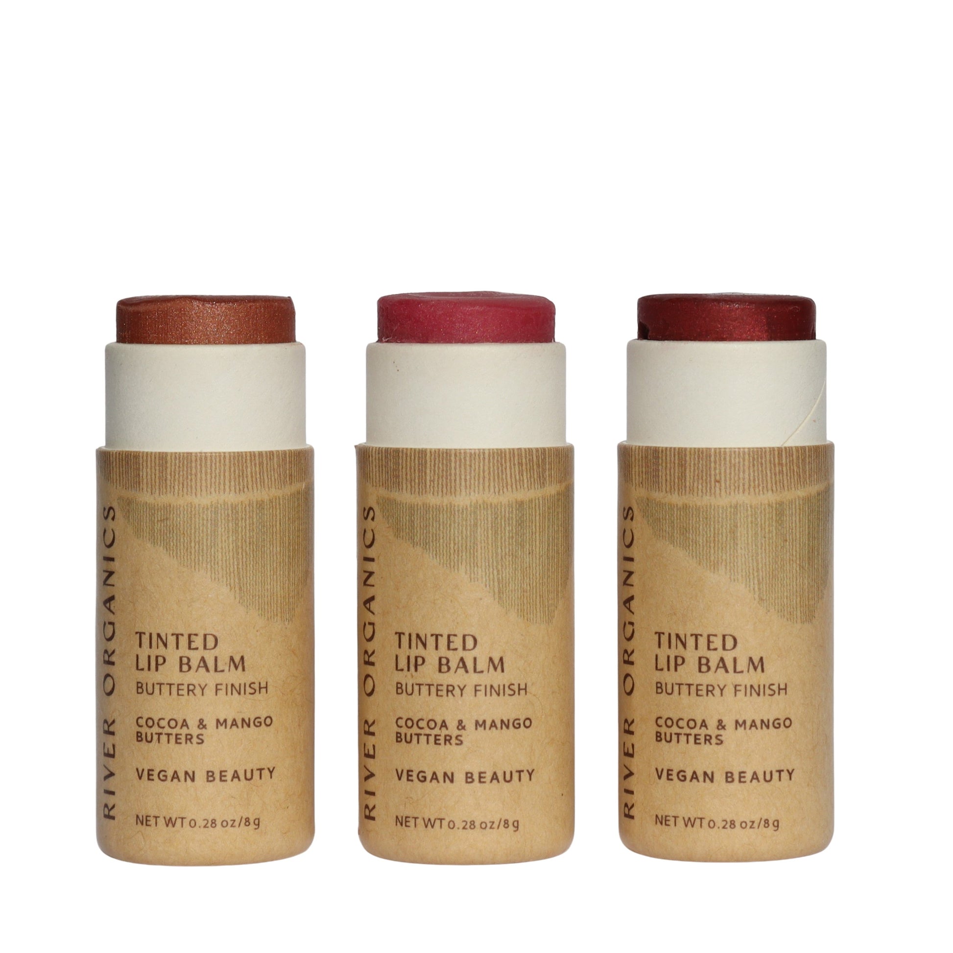 River Organics' Tinted Lip Balm Gift Set includes three vegan lip colors in light brown, pink, and deep red. With a buttery finish from cocoa and mango butters, each balm comes in eco-friendly packaging.