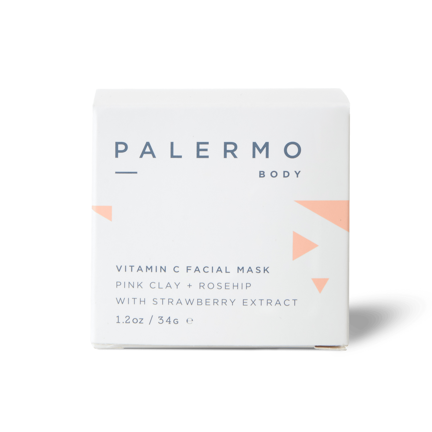 A white box labeled "Vitamin C Facial Mask" by Palermo Body features pink geometric accents. This pink clay mask with rosehip and strawberry extract gently exfoliates. Size: 1.2 oz (34g).