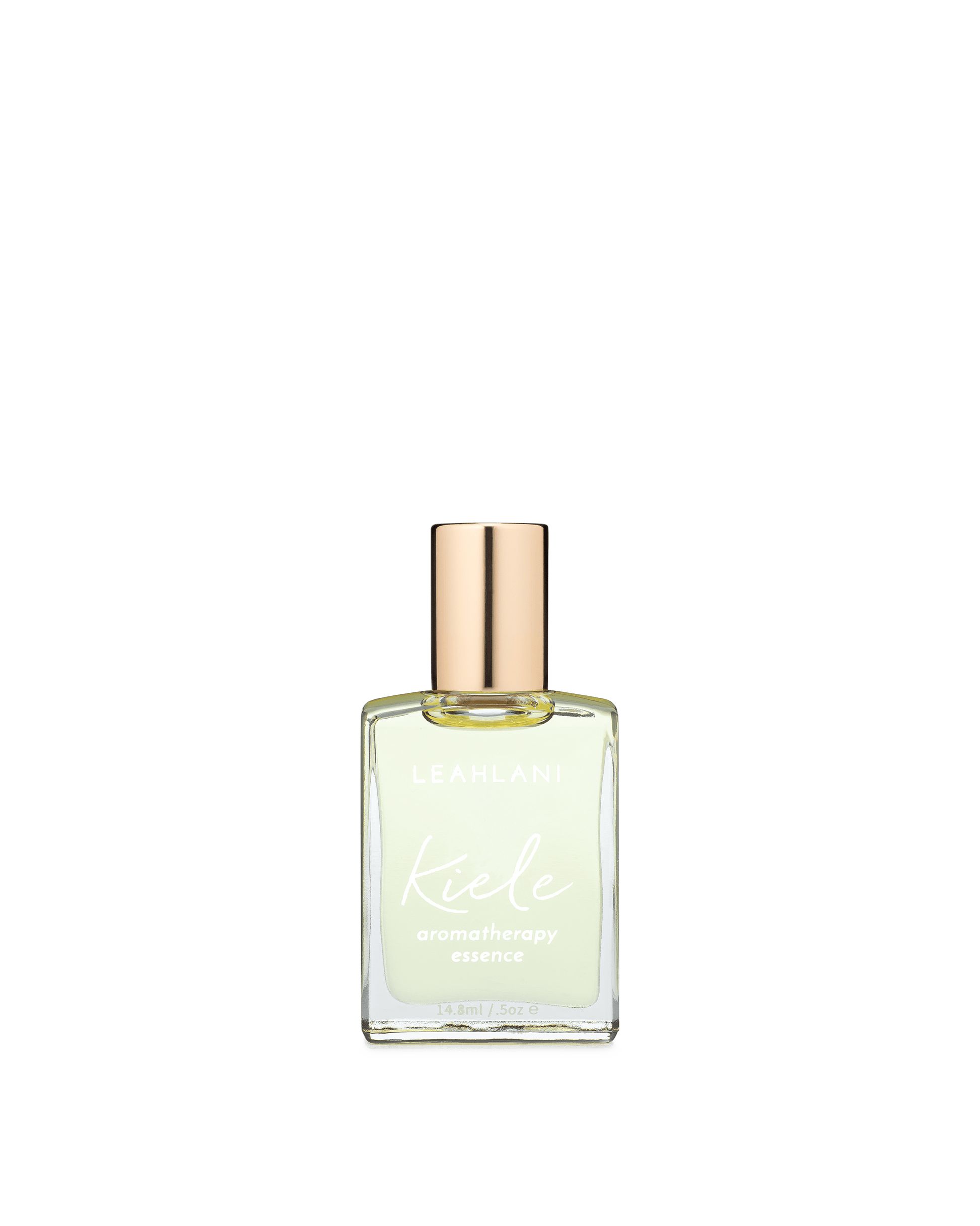 A clear glass bottle of LEAHLANI Kiele Essence of Gardenia with a gold cap holds a light yellow liquid, standing upright on a white background and capturing the scent of white florals in this botanical fragrance.