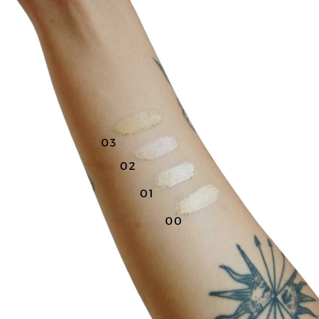 Close-up of a forearm with four swatches of Zero-Waste Concealer by River Organics labeled 00, 01, 02, and 03. The arm, adorned with a compass tattoo on the wrist, displays swatches that transition from light (00) to slightly darker (03), all infused with certified organic oils for a nourishing touch.