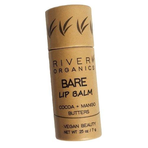 A cylindrical tube of River Organics Bare Vegan Lip Balm, featuring cocoa and mango butters. The packaging is eco-friendly in a natural brown color with black text detailing the product information. This ultra hydrating lip balm is vegan and organic. Net weight: 0.25 oz / 7g.